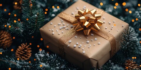Poster - A Christmas Gift Wrapped In Brown Paper With A Gold Bow