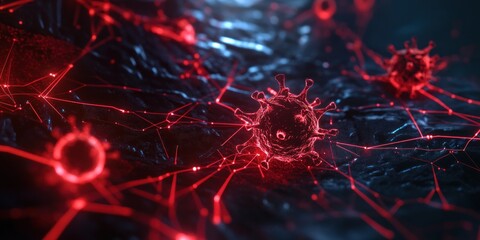 Canvas Print - Red Illuminated Virus Network Abstract Digital Art