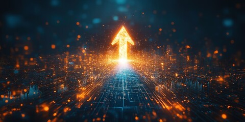 Poster - Digital arrow rising through glowing data particles in a futuristic cityscape at nighttime
