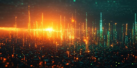 Poster - Vibrant night skyline showcasing glowing digital towers against a sunset backdrop