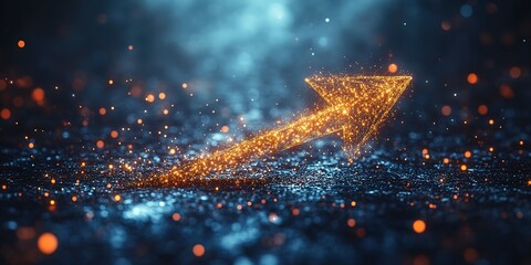 Poster - Sparkling arrow of light pointing upwards on a dark background with shimmering particles