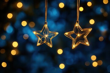 Poster - Illuminated Star Ornaments Hanging Against A Blue Background