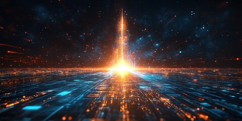 Poster - Cosmic energy surge radiates from a digital tower in a futuristic cityscape at night
