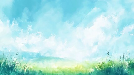 Poster - Serene Landscape Painting Of Grassy Field And Sky