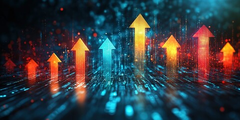 Poster - Colorful arrow indicators rising in a digital landscape with glowing particles at night