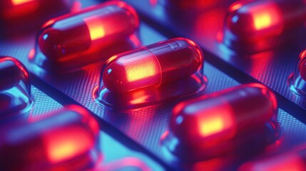 Poster - Red Capsules in Blister Pack Illuminated with Red and Blue Light