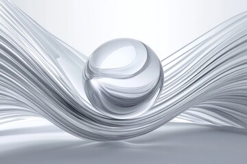 Poster - Glass Sphere Rests on Swirling Silver Fabric Waves