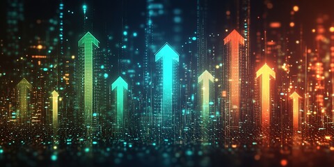 Poster - Trends of growth depicted through colorful arrows in a digital cityscape with sparkling lights at night