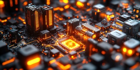 Poster - Close-up view of an intricate circuit board illuminated with orange lights at night
