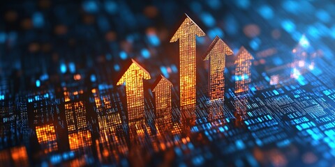 Poster - Digital representation of financial growth with glowing upward arrows on a tech-inspired background