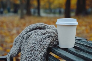 Poster - Autumn Coffee Break Park Bench Cozy Scene