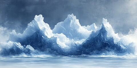 Poster - majestic ice formations rise dramatically from calm waters under soft, diffused light in a serene at