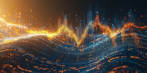 Poster - Dynamic wave of digital sound visualizations showcasing vibrant colors in a futuristic landscape