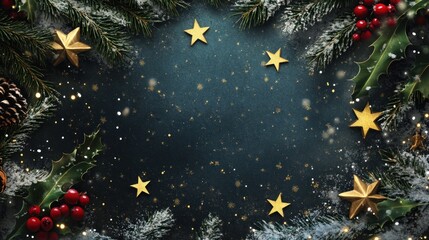 Poster - Festive Christmas border with gold stars and winter greenery