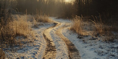 Poster - Snowy Winter Path Winding Through a Frosty Forest