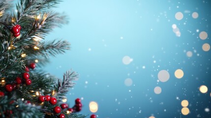 Poster - Festive Christmas Tree Branch With Berries And Lights