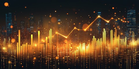 Poster - City skyline illuminated by data trends reflecting financial growth in a modern metropolis at night