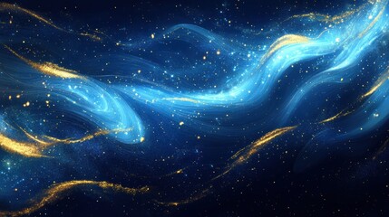 Wall Mural - Abstract glowing blue and gold wave with stars on a dark cosmic background. Space and energy concept