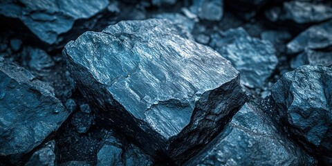 Poster - Close-up view of polished dark blue rocks showing texture and patterns in natural light