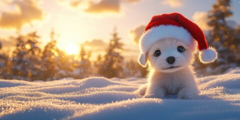 Sticker - Adorable Puppy Wearing Santa Hat In Snowy Winter Sunset