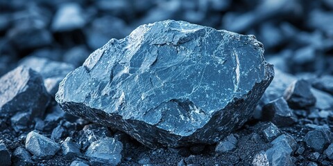 Poster - Natural mineral rock formation lying among dark gravel in a rocky terrain under natural light