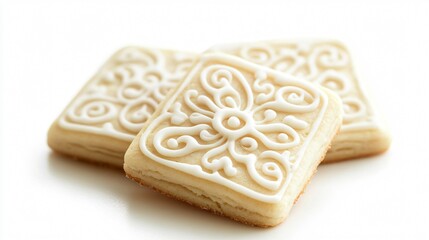 Poster - Butter cookies with intricate icing designs, isolated on a clean white background with soft shadows