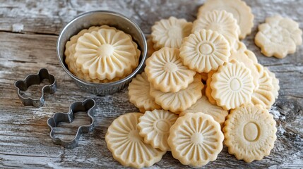 Poster - Butter cookies with embossed patterns, arranged on a weathered wooden table with vintage cookie cutters