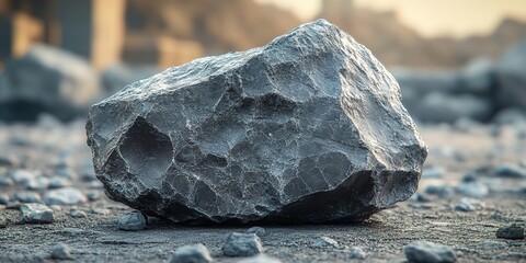 Poster - Large rough rock among smaller stones in a gravel area during golden hour light