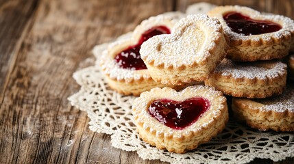 Poster - Butter cut-out cookies shaped like hearts, layered with jam and powdered sugar, placed on a rustic lace doily