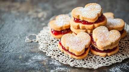 Poster - Butter cut-out cookies shaped like hearts, layered with jam and powdered sugar, placed on a rustic lace doily