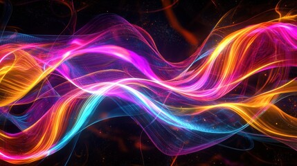 Wall Mural - Abstract colorful waves of neon light forming dynamic patterns on a dark background.