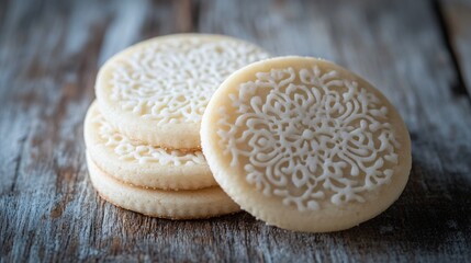 Poster - Butter cut-out cookies with elegant lace patterns, placed on a distressed wooden surface with a soft holiday glow