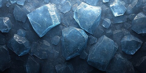 Poster - ice fragments scattered on a dark surface creating a visually striking texture in a cold environment