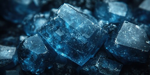Poster - Blue crystals scattered on a dark surface highlight their unique geometric shapes and brilliant transparency