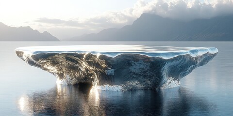 Poster - stunning clear ice formation sits on a tranquil lake surrounded by mountains at dawn