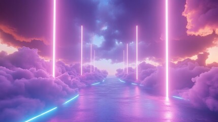 Poster - Neon Lights Illuminate a Dreamlike Cloud Seascape