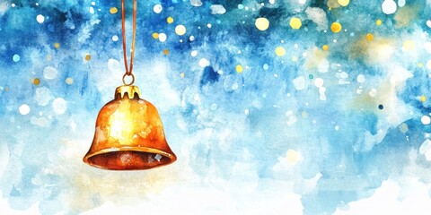 Poster - Golden Bell Ornament Hanging Against Watercolor Winter Sky