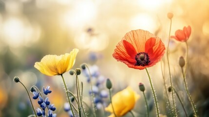 Poster - Vivid Poppies and Flowers Bask in Golden Sunlight