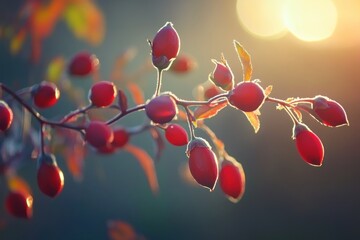 Poster - Frosted Rosehips Glowing in the Sunset Light