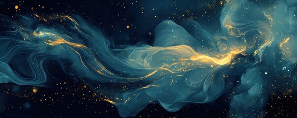 Wall Mural - Abstract flowing blue and golden light patterns with glowing particles on a dark background