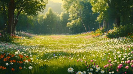 Poster - Sunlit Meadow Of Wildflowers In A Lush Green Forest