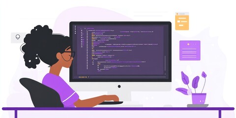 Aufkleber - Woman Programmer Codes at Her Desk Working on Software