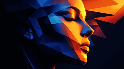 Poster - Abstract geometric portrait with vivid blue and orange, modern art and digital concept