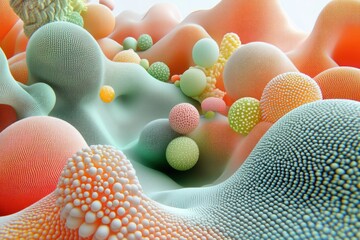 Poster - Abstract Colorful Spheres Rolling Across a Textured Landscape