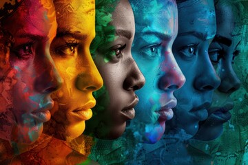 Poster - Colorful artistic representation of diverse faces showcasing different emotions and cultures in a vibrant visual collage