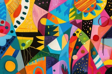 Poster - Colorful abstract mural showcasing a dynamic blend of shapes and patterns in a vibrant urban environment