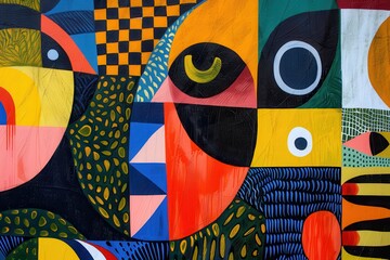 Poster - Colorful abstract mural showcasing a dynamic blend of shapes and patterns in a vibrant urban environment