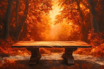 Poster - Wooden Table Autumn Forest Scenic Backdrop
