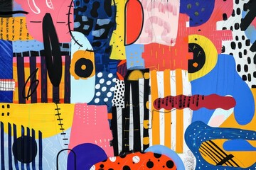 Poster - Colorful abstract mural showcasing a dynamic blend of shapes and patterns in a vibrant urban environment