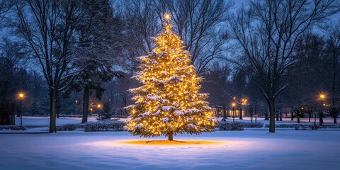 Poster - Illuminated Christmas Tree in Snowy Winter Park at Night